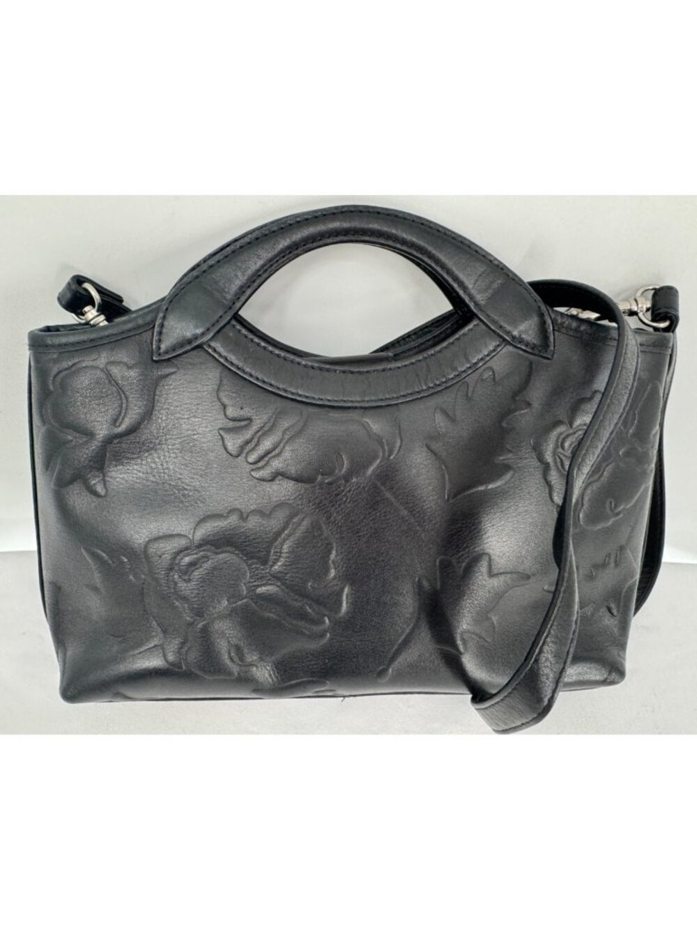 Vintage 90s Y2K Black Tooled Embossed Luxury Leather Handbag Purse 2 Way Bag